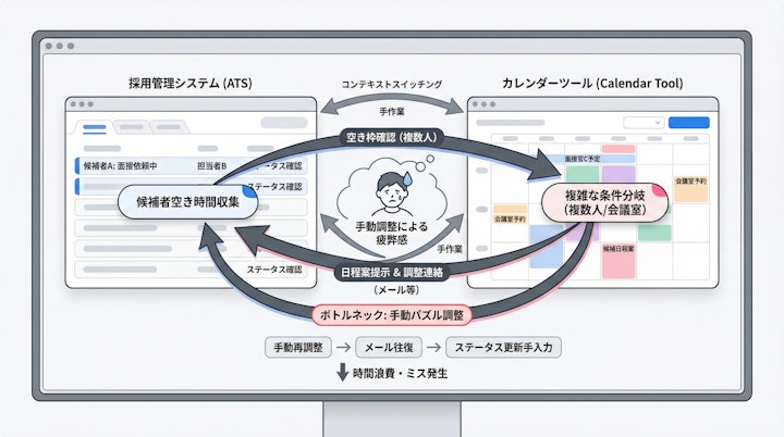 ATSとカレンダーツールを行き来する複雑な業務フロー図