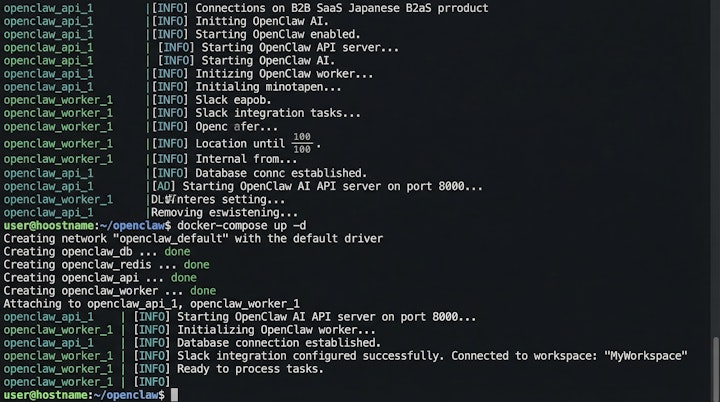 Terminal showing Docker compose up process and Slack integration success message