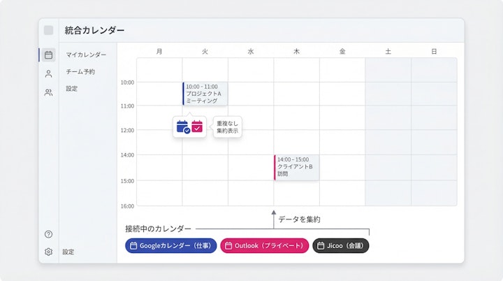 Jicoo dashboard showing multiple calendars integrated into a single view without duplicating events