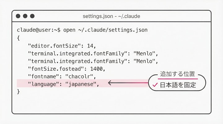 ターミナルでのsettings.json編集画面