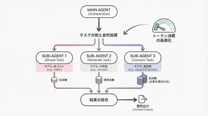 メインエージェントと複数のサブエージェントによるタスク分割と並列処理のアーキテクチャ