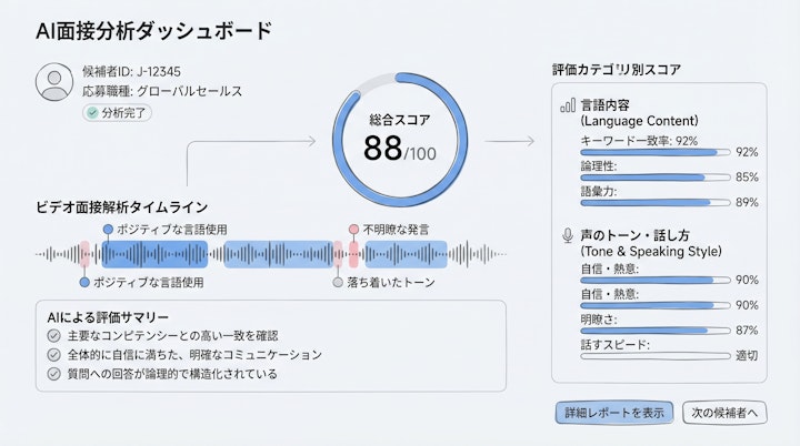 AI analysis dashboard showing candidate scoring based on language and tone
