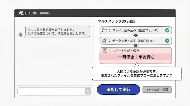 Claude Cowork interface showing multi-step file processing and human approval prompt