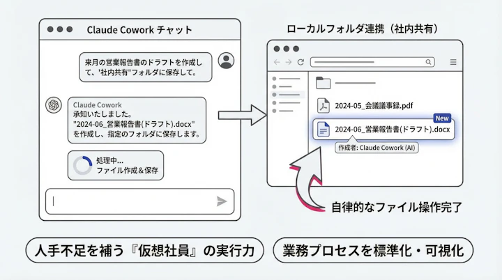 Claude Coworkのチャットインターフェースとローカルフォルダの連携画面