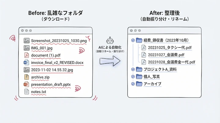 乱雑なフォルダが整理される前後の比較