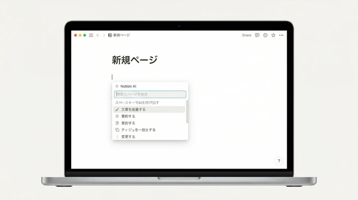 Notion page with AI command menu open after pressing spacebar