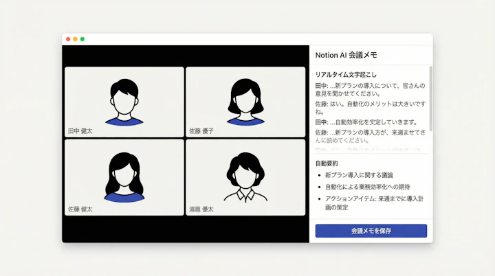 Notion AI meeting notes interface showing real-time transcription and summary