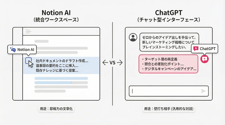 Split view showing Notion AI generating text inside a document and ChatGPT interface with a conversational prompt