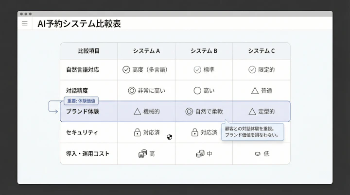 Comparison matrix of AI booking features