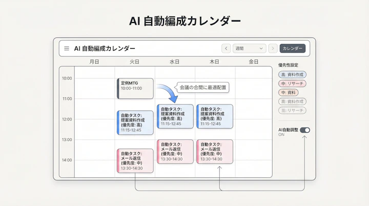 Motion calendar interface showing automated task blocks and priority settings