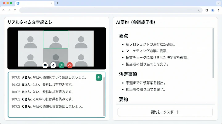 Tactiqのリアルタイム文字起こしとAI要約画面