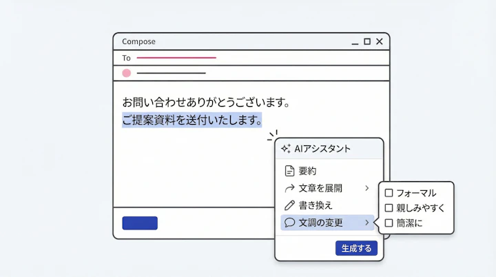 メールエディタ上のAIアシスタントメニュー