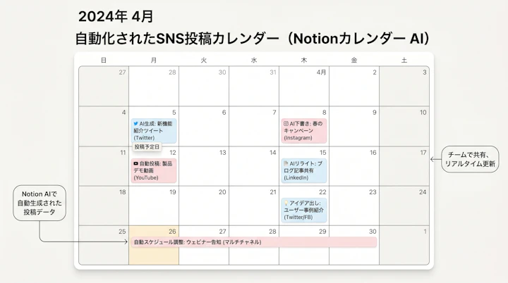 Notion calendar view showing scheduled social media posts