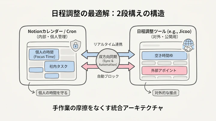 Workflow showing Notion Calendar/Cron syncing with external scheduling tools like Jicoo