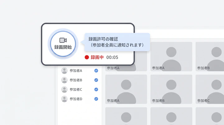 Web会議ツールの録画開始ボタンと録画中表示