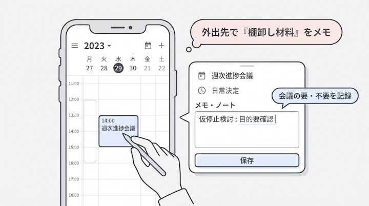 スマホのカレンダーで定例会議にメモを残す操作