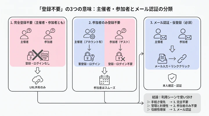 主催者・参加者の登録要否とメール認証の3分類