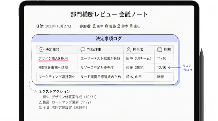 決定事項・判断理由・担当者・期限を記録する会議ノートのテンプレート
